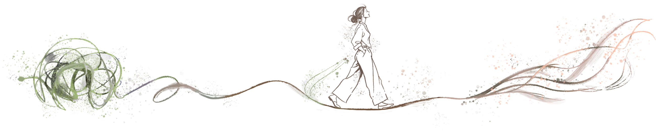 A watercolour line that starts as a tangle, becomes a path a woman walks along, and opens into flowing lines